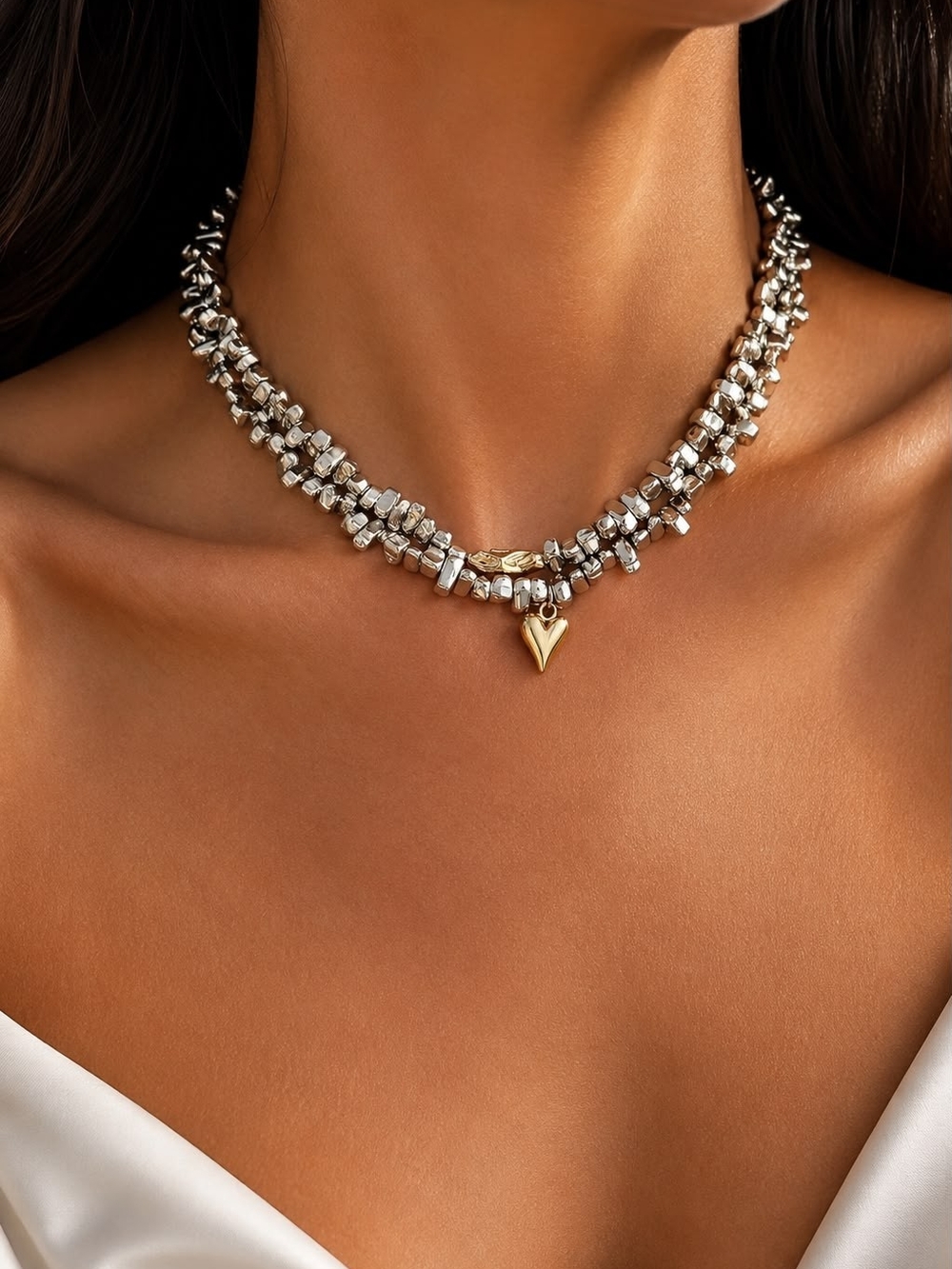 Elegant Two-Tone Beaded Choker Necklace with Gold Heart Charm - Picture 3 of 7